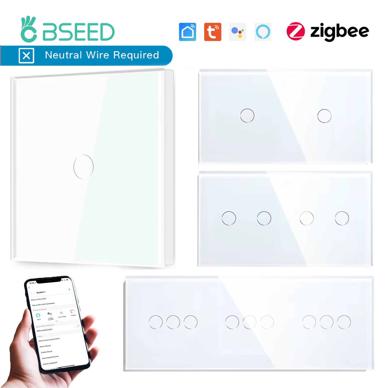 Interrupteur tactile Zigbee en verre BSEED sans neutre